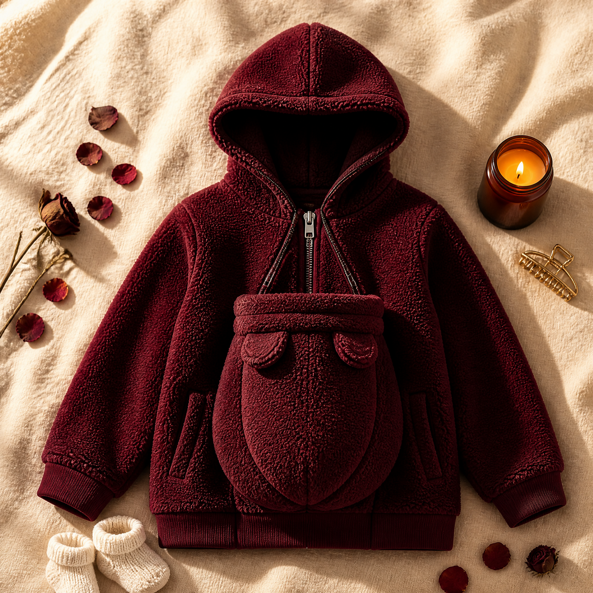 Chaqueta CozyNest burdeos con compartimento delantero para bebé