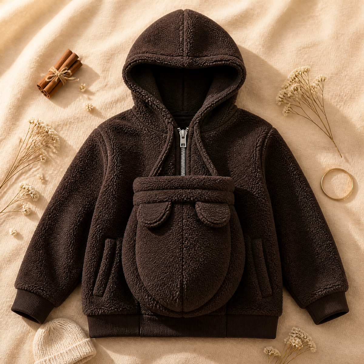 Chaqueta CozyNest chocolate con compartimento delantero para bebé