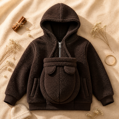 Chaqueta CozyNest chocolate con compartimento delantero para bebé